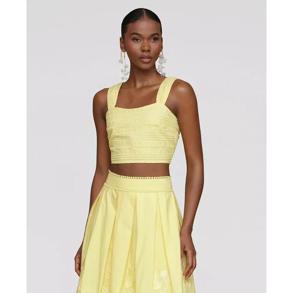New Avec Les Filles Top 6 Yellow Embroidered Cotton Crop Tank Sleeveless Blouse
